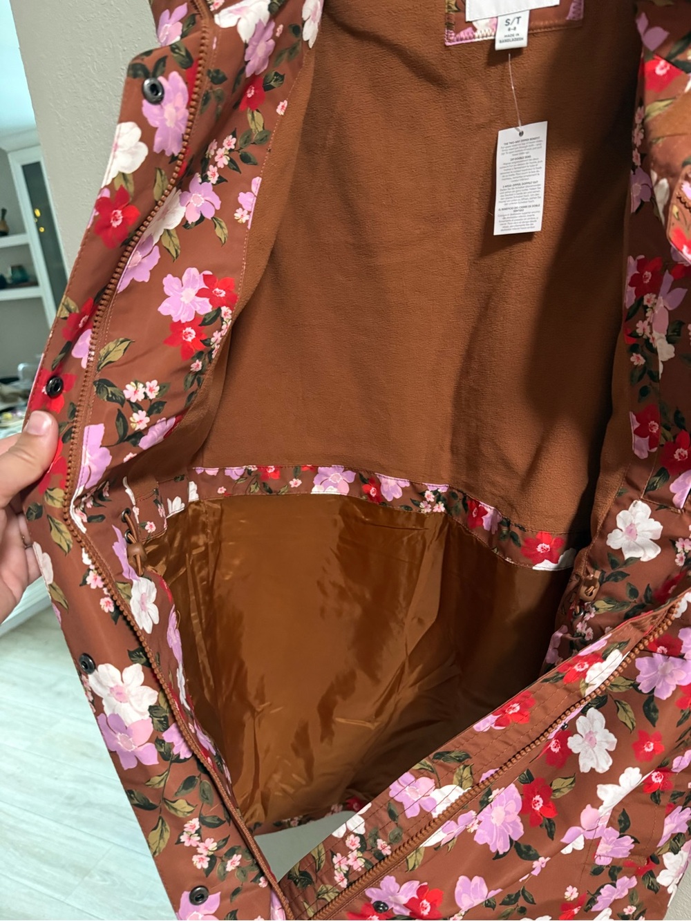 Lands’ End Floral Hooded Rain Jacket Brown Pink Waterproof Coat S/T - Picture 4 of 7